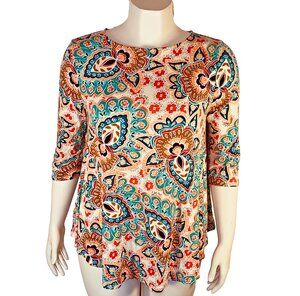 Chico's Knit Top Blouse Womens Size S (1) Ikat Floral Print Boat Neck 3/4 Sleeve